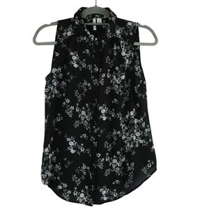 Elle Black Floral Sleeveless Button Up Floral Print Chiffon Blouse Office Sz S